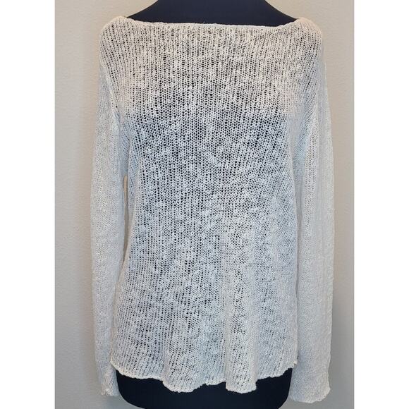 Eileen Fisher Linen Cotton Slub Boat Neck Bell Sleeve Sweater Oyster Gray L - Picture 1 of 7